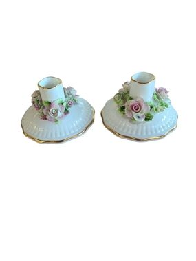 Royal Adderley Floral Bone China Candle Holders Pair Pink Roses England Vintage
